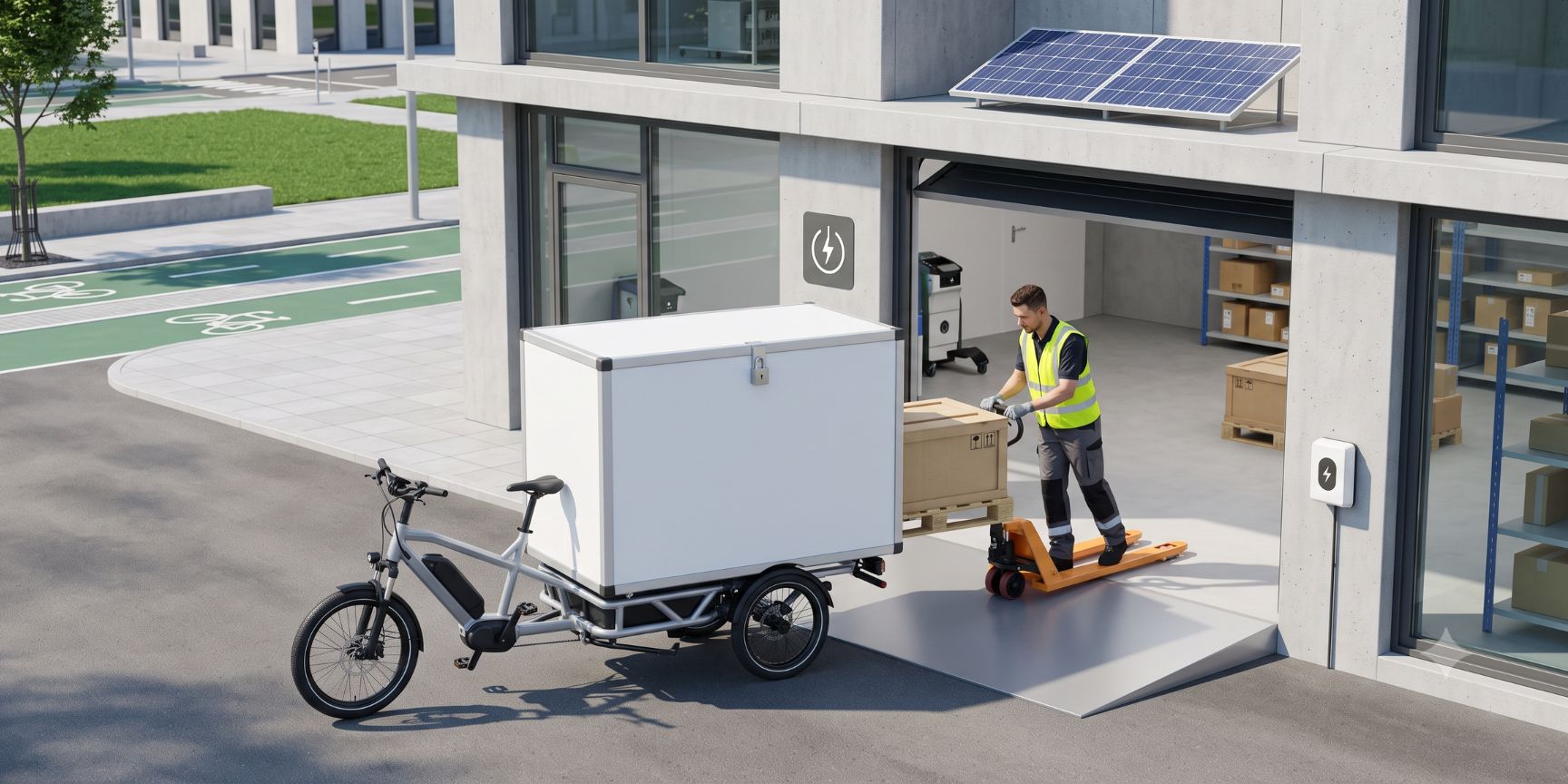 Ein modernes elektrisches Cargobike mit großer Transportbox wird an einem ebenerdigen Tor eines urbanen Mikro-Hubs von einem Logistikmitarbeiter bedient.